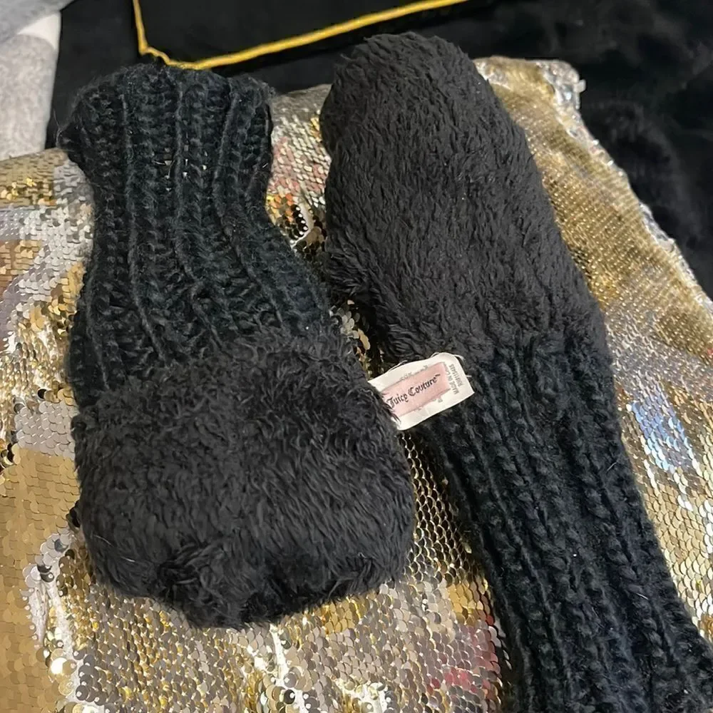 Juicy couturw black silver knit sherpa fleece lined mittens/gloves bling glam